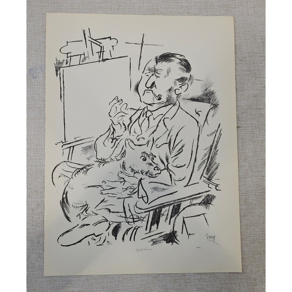 George Grosz Self-Portrait Art Print Plate 52 Black White Artist Dog Pipe 1939‎